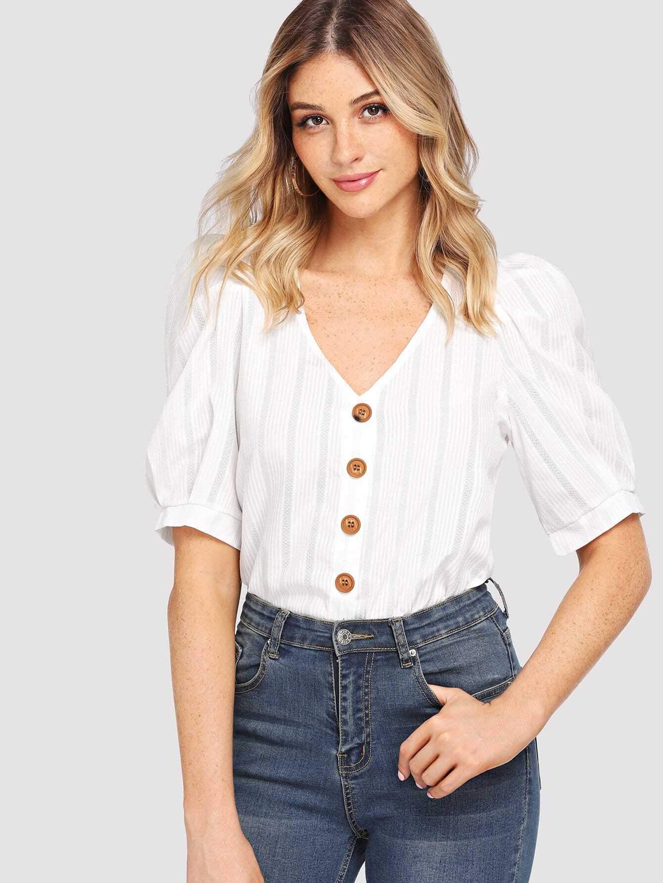 Button Detail Puff Sleeve Blouse
