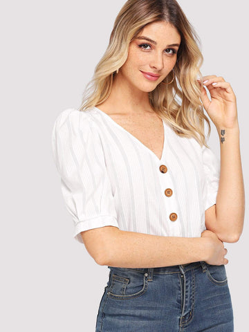Button Detail Puff Sleeve Blouse