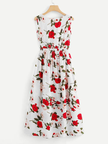 Shirred Waist Floral Midi Dress