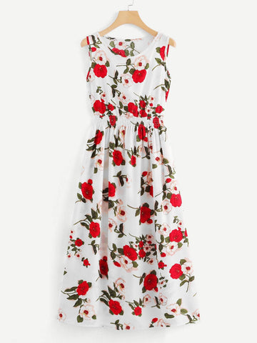 Shirred Waist Floral Midi Dress