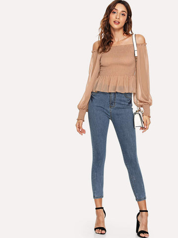 Shirred Bardot Pep Hem Blouse