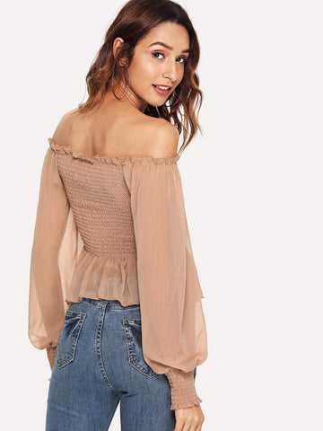 Shirred Bardot Pep Hem Blouse