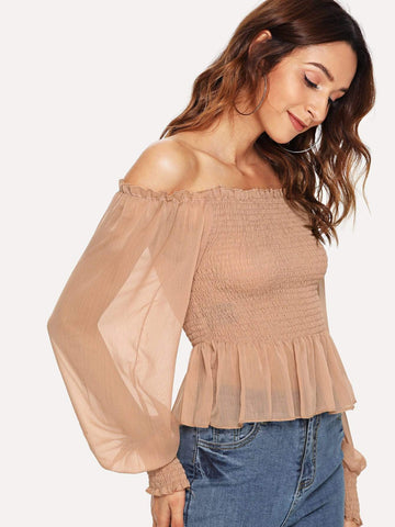 Shirred Bardot Pep Hem Blouse