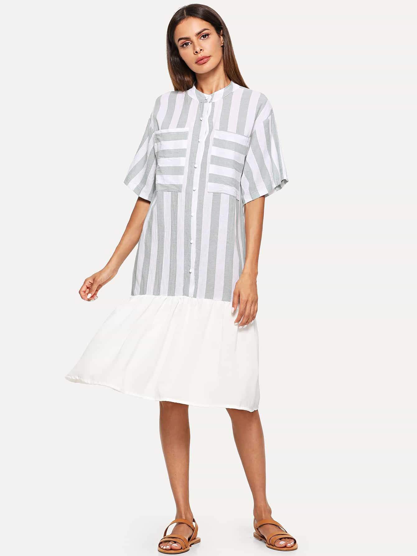 Striped Single Breasted Pocket Ruffle Hem Dress