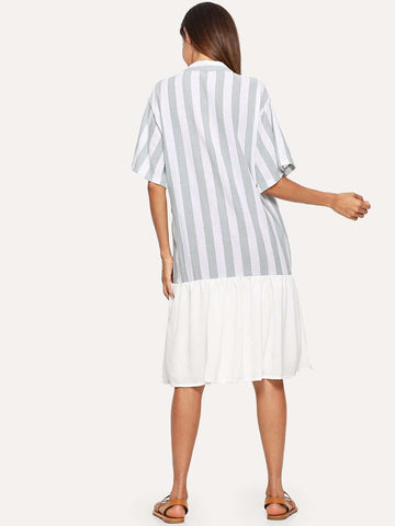 Striped Single Breasted Pocket Ruffle Hem Dress