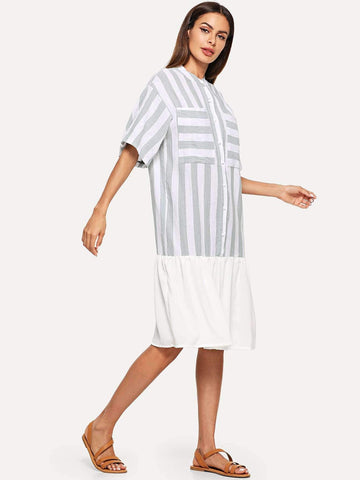 Striped Single Breasted Pocket Ruffle Hem Dress