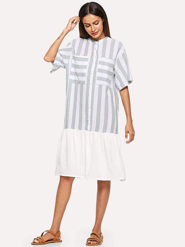 Striped Single Breasted Pocket Ruffle Hem Dress