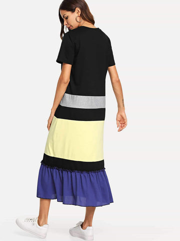 Ruffle Hem Colorblock Frill Dress