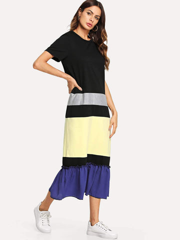 Ruffle Hem Colorblock Frill Dress