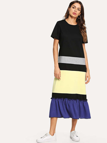 Ruffle Hem Colorblock Frill Dress