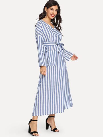 Striped Pocket Front Tie Waist Dress