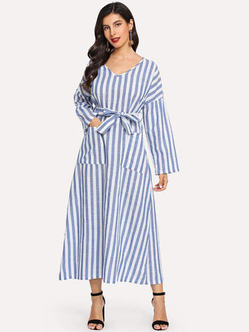 Striped Pocket Front Tie Waist Dress