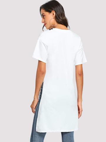 Letter Print Split Side Longline Tee