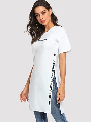 Letter Print Split Side Longline Tee