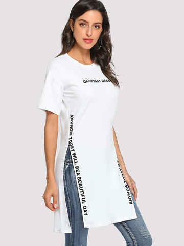 Letter Print Split Side Longline Tee