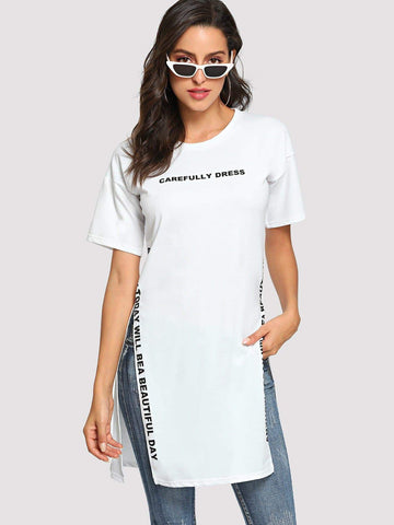 Letter Print Split Side Longline Tee
