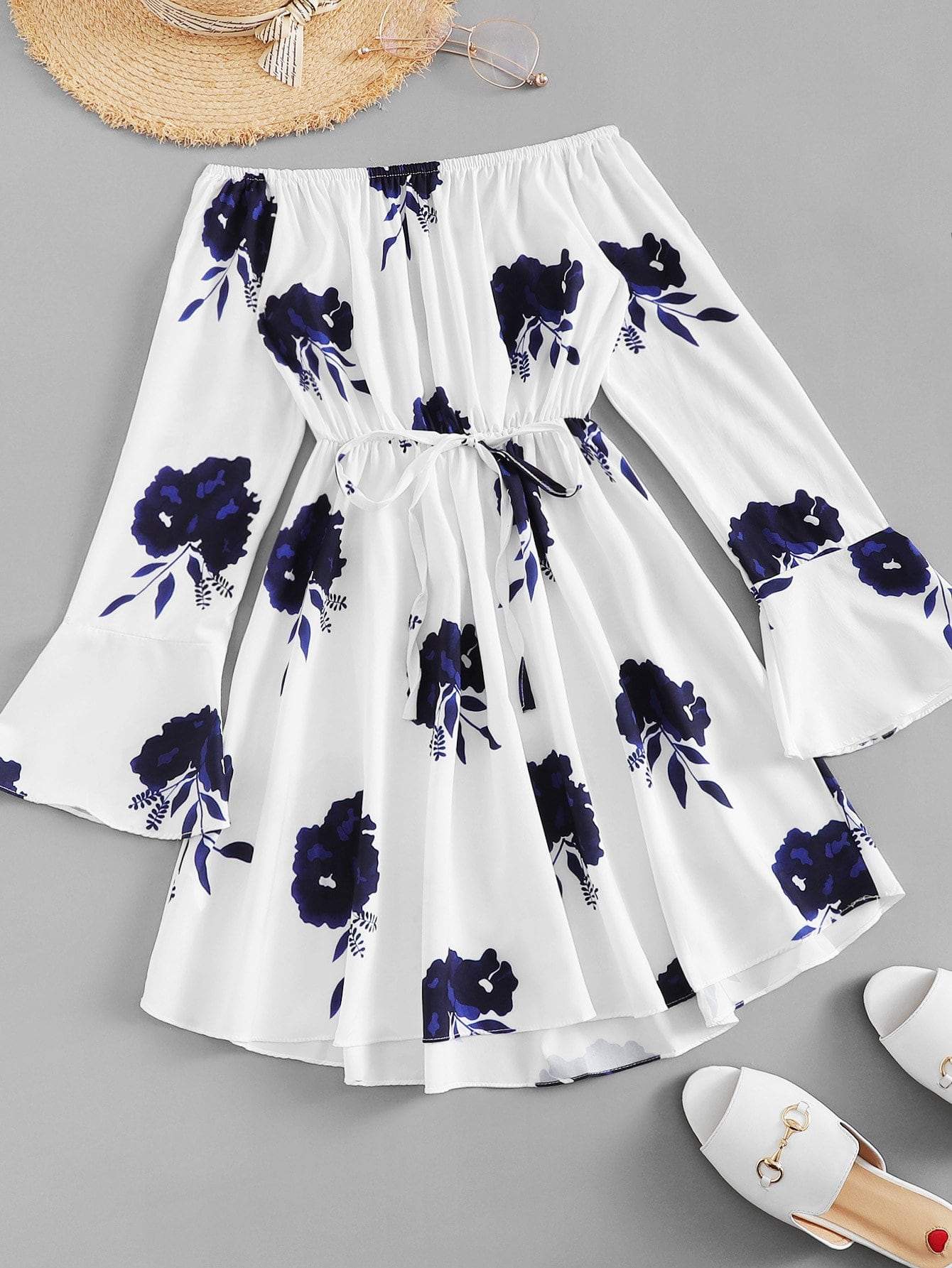 Ruffle Sleeve Drawstring Waist Floral Dress