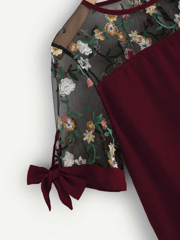 Floral Embroidery Mesh Yoke Dip Hem Blouse