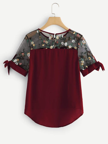 Floral Embroidery Mesh Yoke Dip Hem Blouse