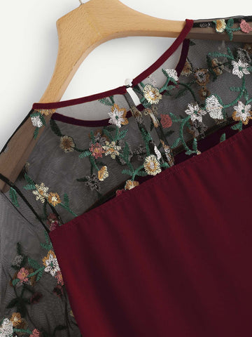 Floral Embroidery Mesh Yoke Dip Hem Blouse