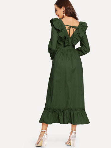 Wrap V Neck Ruffle Dress
