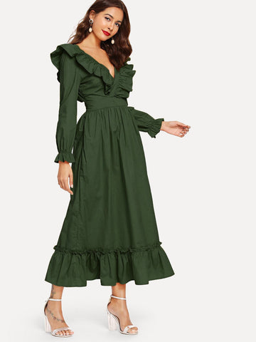 Wrap V Neck Ruffle Dress