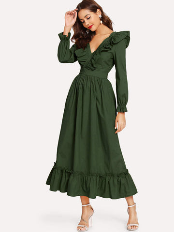 Wrap V Neck Ruffle Dress