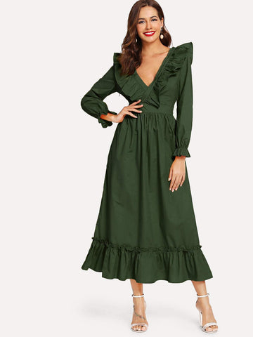 Wrap V Neck Ruffle Dress