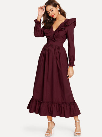 Wrap V Neck Ruffle Dress