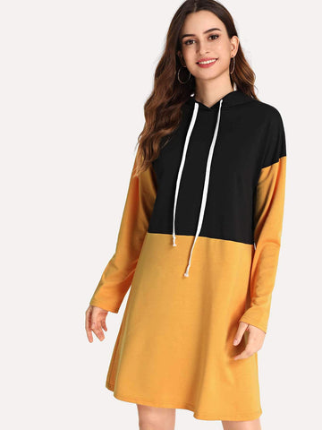 Drawstring Two Tone Hoodie Dress