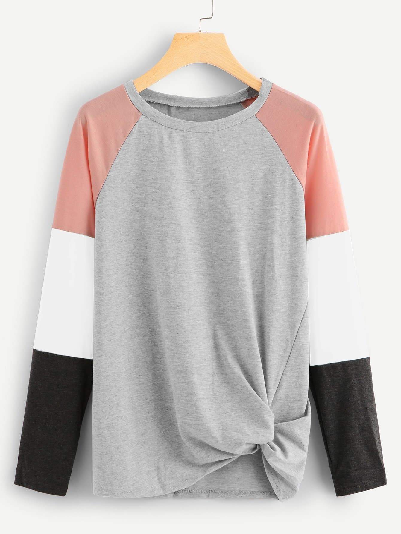 Twist Hem Colorblock Sleeve Tee