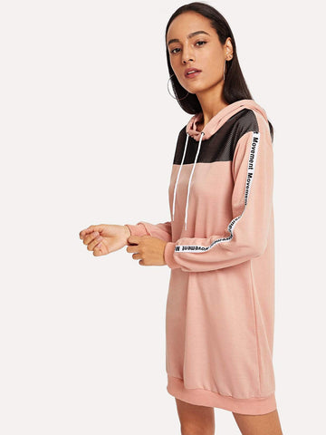 Mesh Yoke Letter Tape Side Hooded Dress