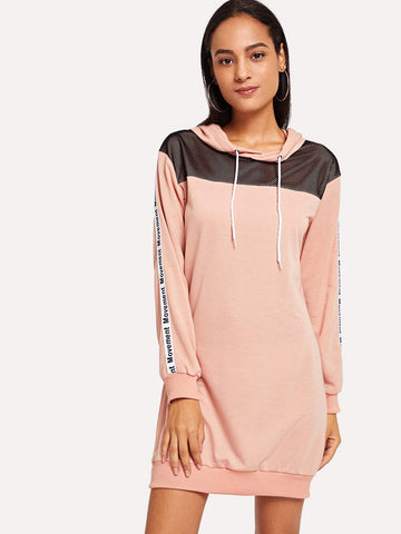 Mesh Yoke Letter Tape Side Hooded Dress