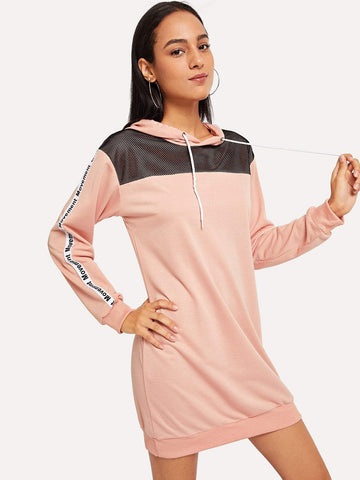 Mesh Yoke Letter Tape Side Hooded Dress