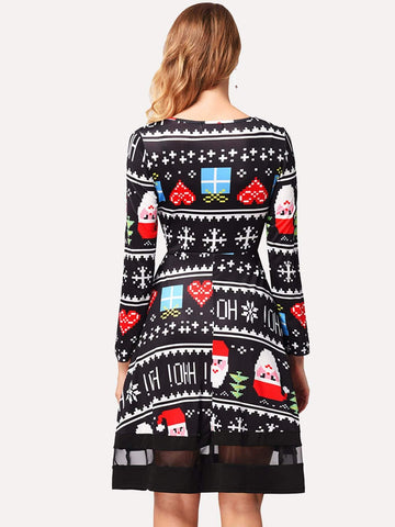 Christmas Print Contrast Mesh Dress
