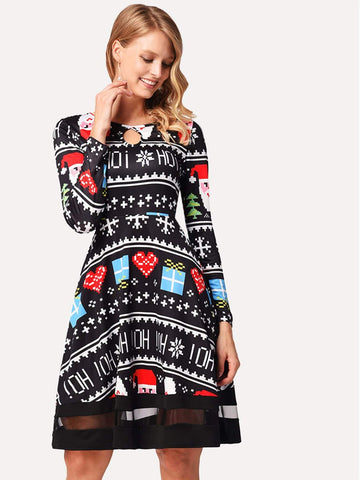 Christmas Print Contrast Mesh Dress