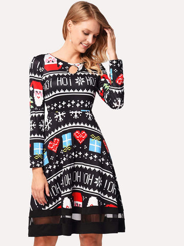 Christmas Print Contrast Mesh Dress