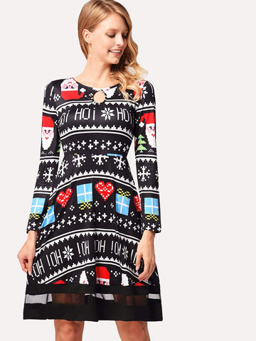 Christmas Print Contrast Mesh Dress