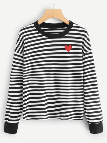 Heart Embroidery Striped Tee