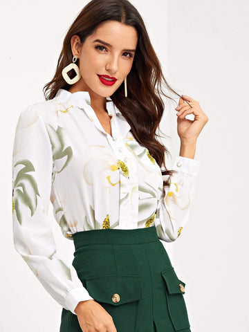 Half Button Large Floral Blouse