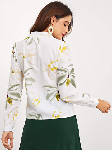 Half Button Large Floral Blouse