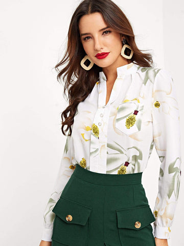 Half Button Large Floral Blouse
