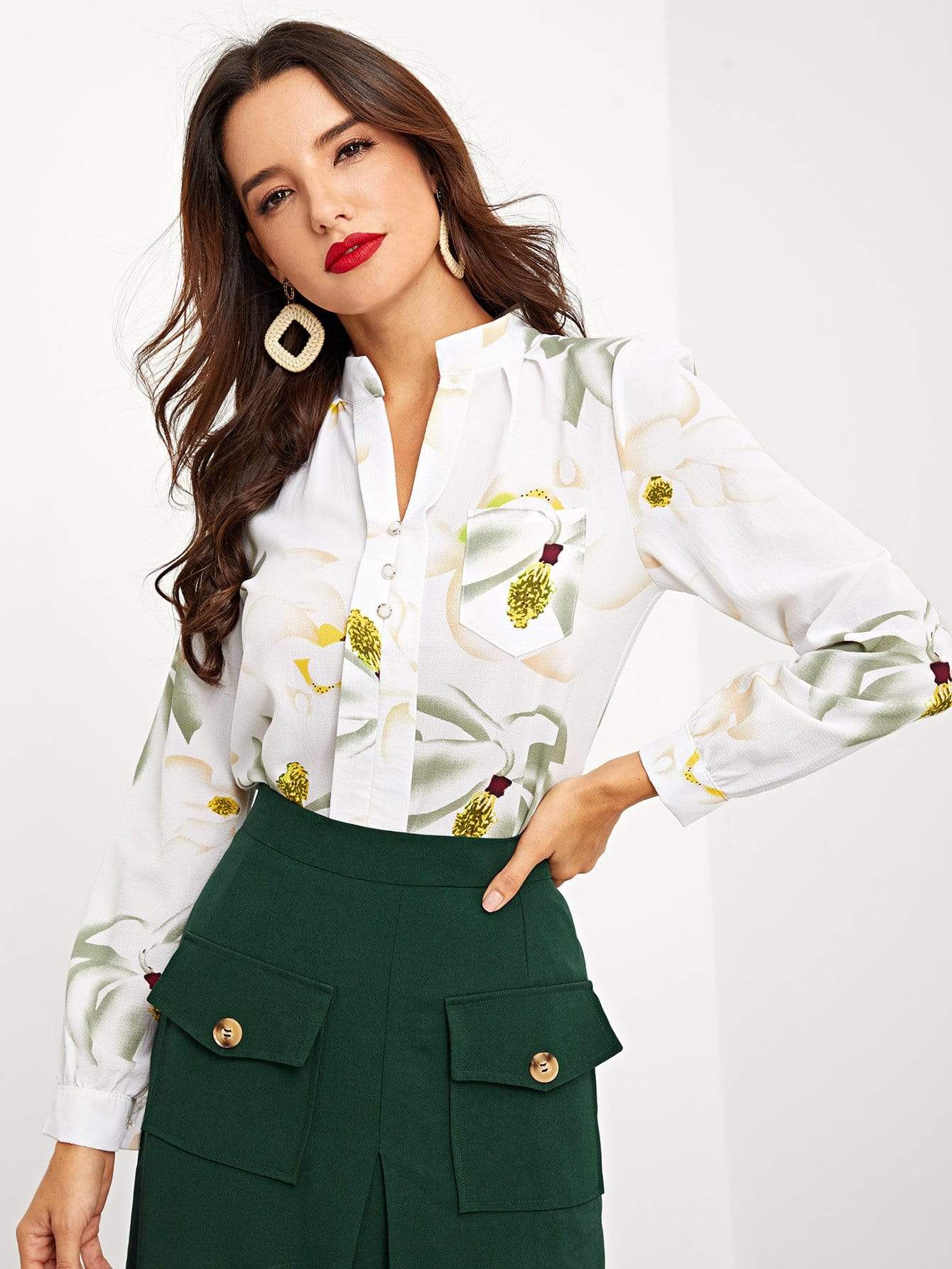Half Button Large Floral Blouse