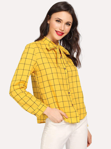 Grid Print Tie Neck Blouse