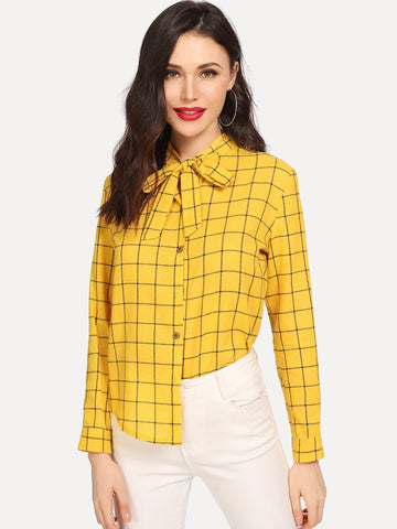 Grid Print Tie Neck Blouse
