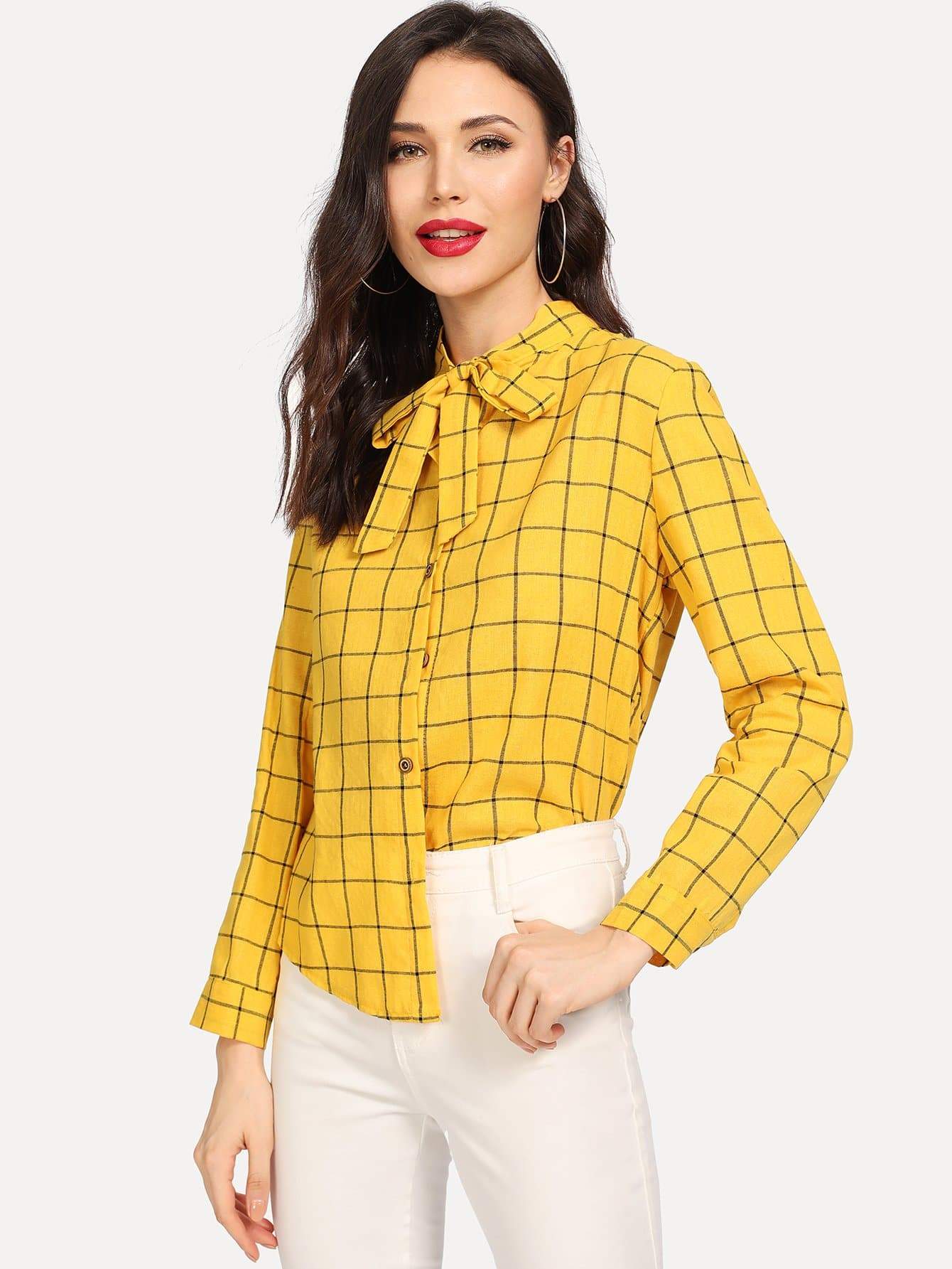 Grid Print Tie Neck Blouse