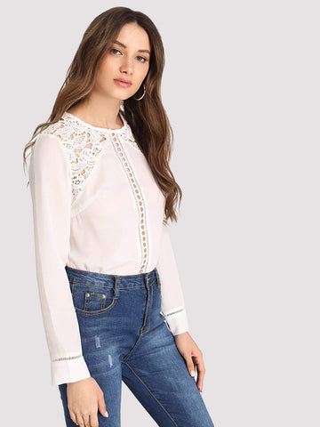 Guipure Lace Yoke Hollow Blouse