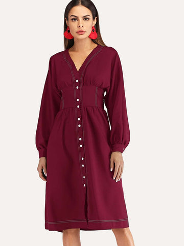 Button Front V Neck Dress