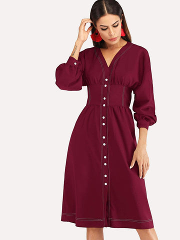 Button Front V Neck Dress