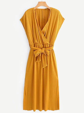 Surplice Neckline Slit Side Belted Dress